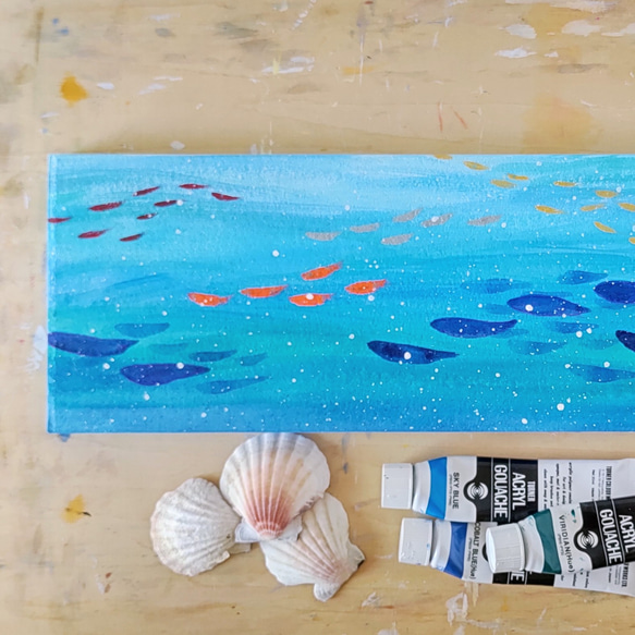 「魚といっしょに海中散歩」抽象画＊コルクボードの原画＊アートパネル 3枚目の画像