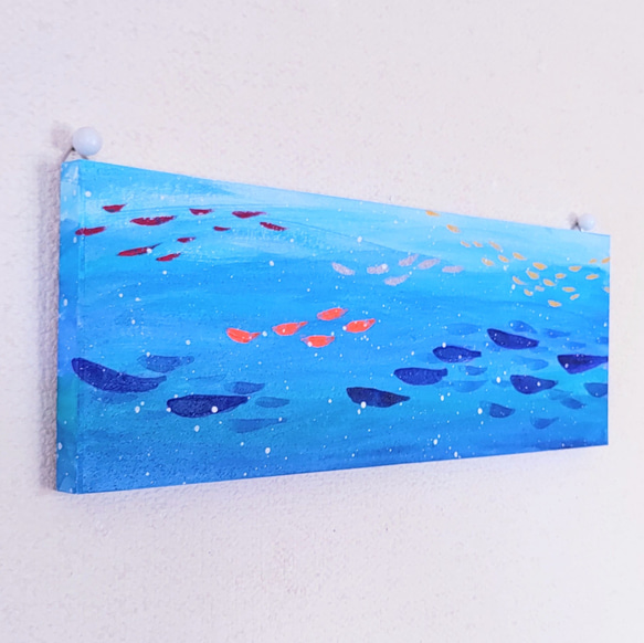 「魚といっしょに海中散歩」抽象画＊コルクボードの原画＊アートパネル 2枚目の画像
