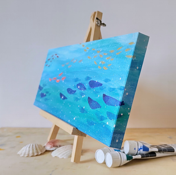 「魚といっしょに海中散歩」抽象画＊コルクボードの原画＊アートパネル 4枚目の画像