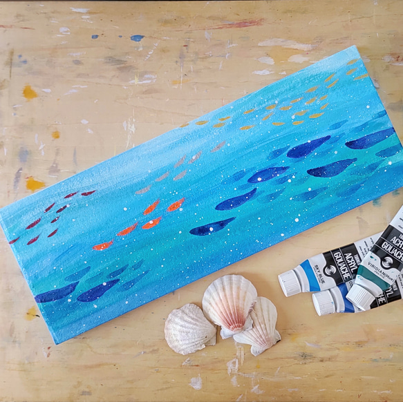 「魚といっしょに海中散歩」抽象画＊コルクボードの原画＊アートパネル 9枚目の画像