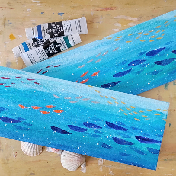 「魚といっしょに海中散歩」抽象画＊コルクボードの原画＊アートパネル 7枚目の画像