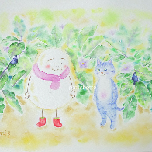 ✻【原画】茄子の花 / ポテとゆきだるまん no.169 | 水彩画