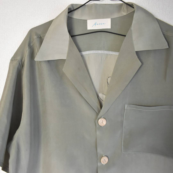 半袖 アロハシャツ オープンカラーシャツ 着物リメイク 鯛 タイ くすみグリーン 淡色 4枚目の画像