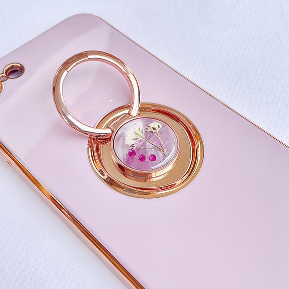 ＜あなただけの 誕生石 スマホケース ＞　リング付き ３粒 iphone ケース　押し花　かすみ草　紫　ピンク　 2枚目の画像