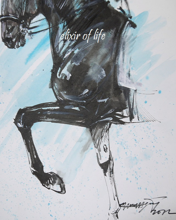 踊る黒い馬2022（水彩画用紙、A4、墨、水彩） 2枚目の画像