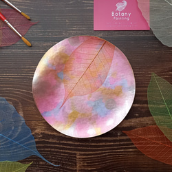 【ONLY ONE ART】アートトレイ（ピンク／サークルS)　天然の葉を用いるボタニーペインティング装飾 3枚目の画像