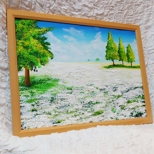 油絵 絵画 咲いた白の広場【A3】