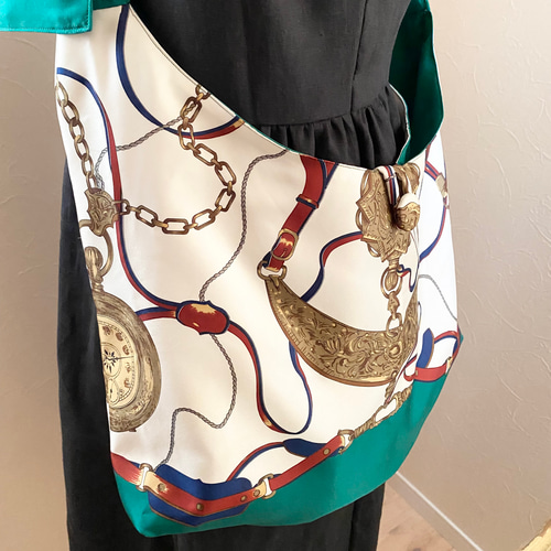 SALE］ vintage scarf big ribbon bag スカーフリメイクバッグ green