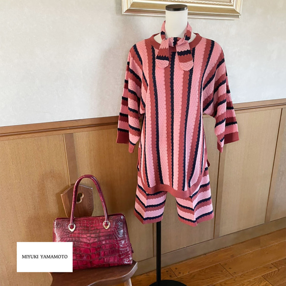 サマーニット✿ レッド＆ピンク ストライプ チュニック　344 DARK RED PINK STRIPE TUNIC 8枚目の画像