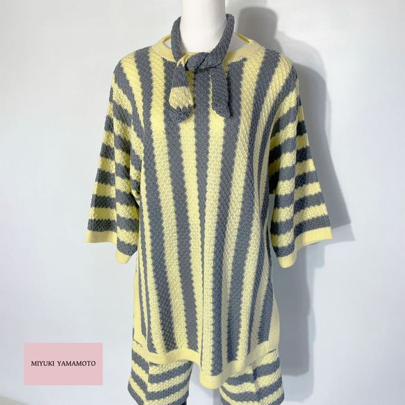 サマーニット✿ グレー＆イエロー ストライプ チュニック　345 GRAY YELLOW STRIPE TUNIC 1枚目の画像