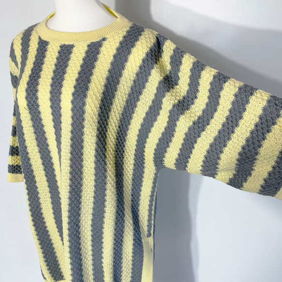 サマーニット✿ グレー＆イエロー ストライプ チュニック　345 GRAY YELLOW STRIPE TUNIC 6枚目の画像