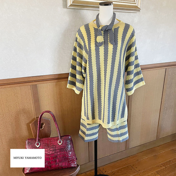 サマーニット✿ グレー＆イエロー ストライプ チュニック　345 GRAY YELLOW STRIPE TUNIC 8枚目の画像