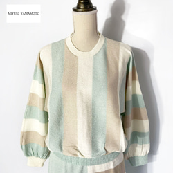 サマーニット✿ ミント ＆ ベージュ ストライプ トップス 　346 MINT BEIGE TOPS 2枚目の画像