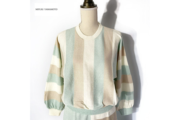 サマーニット✿ ミント ＆ ベージュ ストライプ トップス 　346 MINT BEIGE TOPS 1枚目の画像