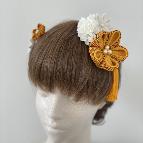 つまみ細工 髪飾り 黄レトロチェック 振り分け 