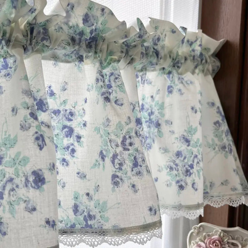 みはみはママ ブルー 素敵なバラ柄カフェカーテン バランスカーテン みはみはママ ブルー 素敵なバラ柄カフェカーテン バランスカーテン