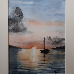 印象派風 水彩画 夕日　27cm24cm 印象派風 水彩画 風景画27✖️25 - メルカリ