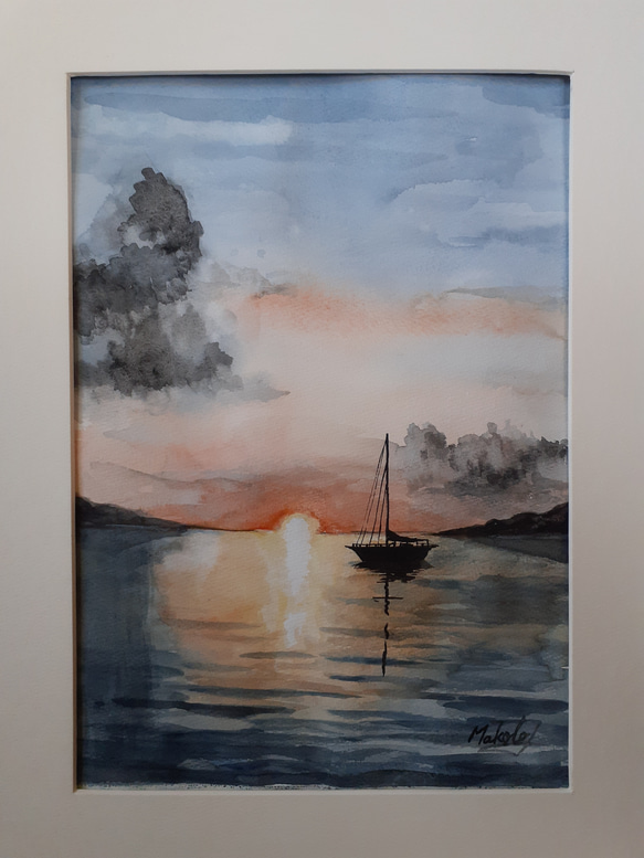 水彩画 夕日に染まるヨット 絵画 makochin 通販 13975201