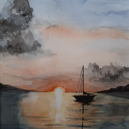 水彩画 夕日が沈む 絵画 makochin 通販 14106053｜Creema(クリーマ)