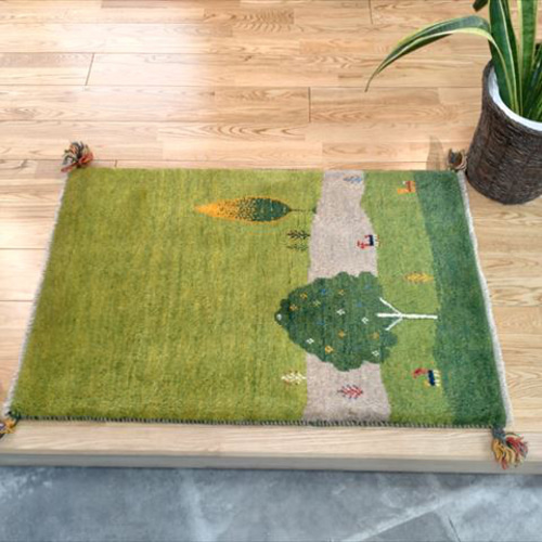 ペルシャ ギャッベ 玄関マット 93x62cm 緑色 黄緑色 風景 生命の木
