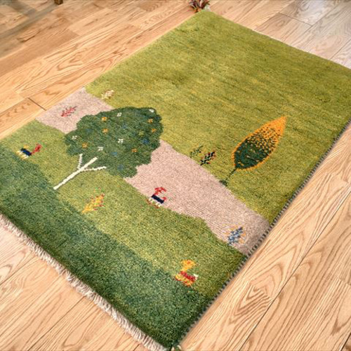 ペルシャ ギャッベ 玄関マット 93x62cm 緑色 黄緑色 風景 生命の木