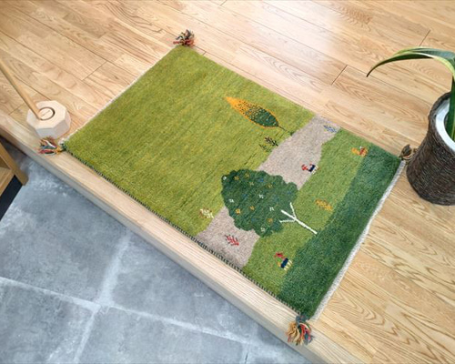 ペルシャ ギャッベ 玄関マット 93x62cm 緑色 黄緑色 風景 生命の木