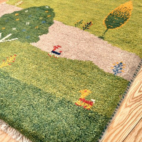 ペルシャ ギャッベ 玄関マット 93x62cm 緑色 黄緑色 風景 生命の
