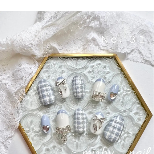 オーダーネイルチップ チェックネイル ガーリーネイル オーダーネイルチップ♡くすみピンクフレンチガーリー量産型推し