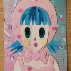 原画「おかっぱヘアなガール」 切り絵 コラージュ 水彩紙 切り絵