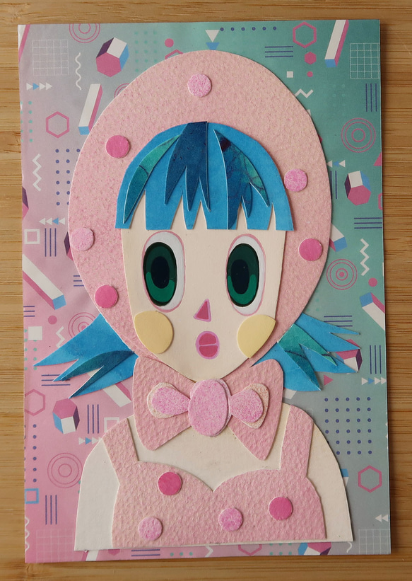 白熊　ハート　水彩紙　原画　コラージュ　絵画　アート 原画「ピンクの水着ガール」 切り絵 コラージュ 水彩紙 絵画