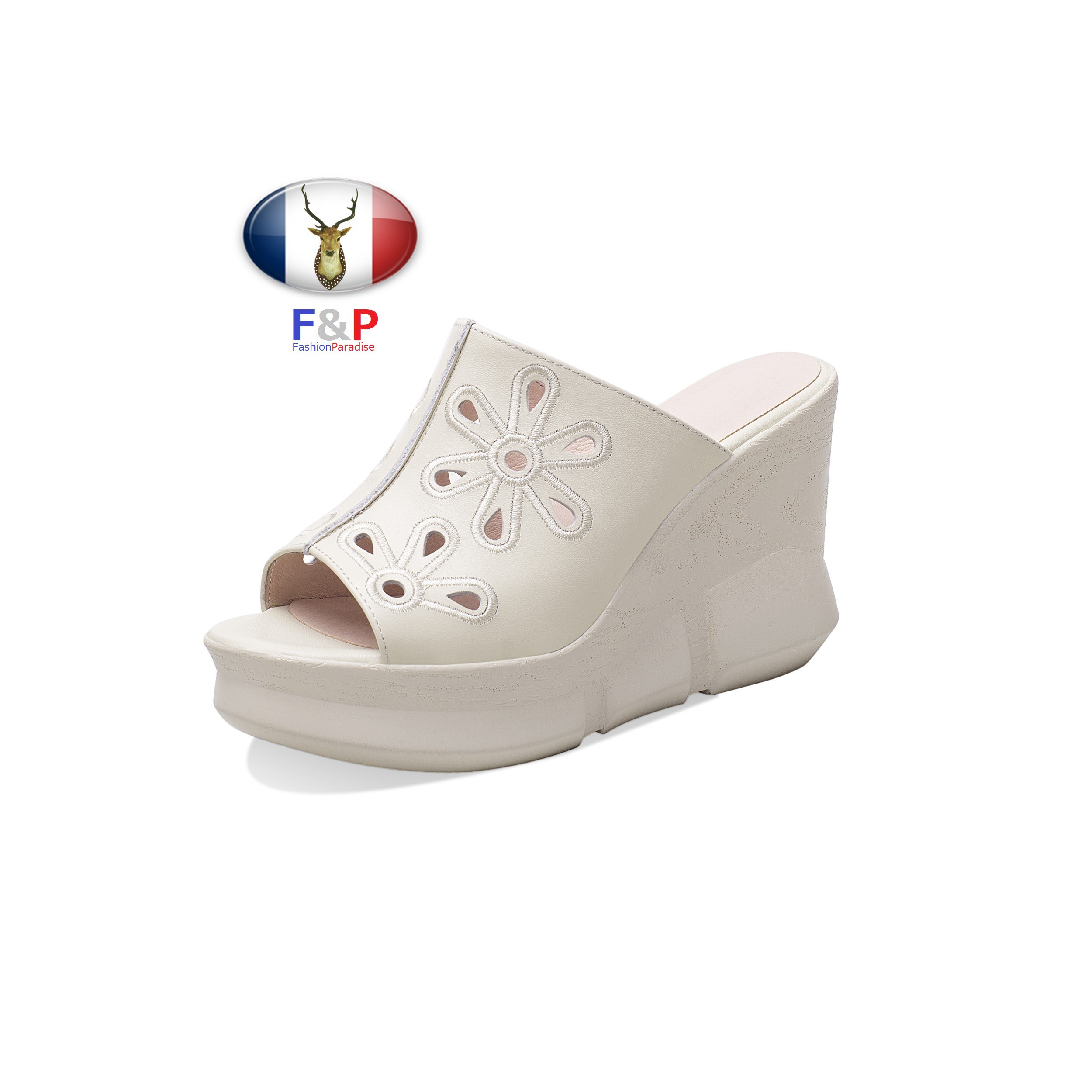 ハラコレザーパンチング刺繍入りアウトソール4㎝ウェッジヒールサンダルスリッパ全2色