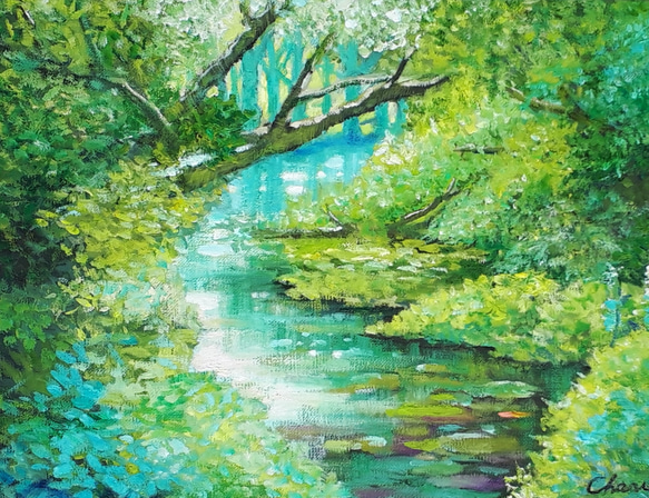 一点物】『 緑の清涼 』油絵 F4号 油彩 油画 絵画 インテリアアート
