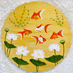 トールペイント＊パステルなお魚の世界(壁掛け絵) 可愛い金魚と蓮の花 トールペイント その他インテリア雑貨