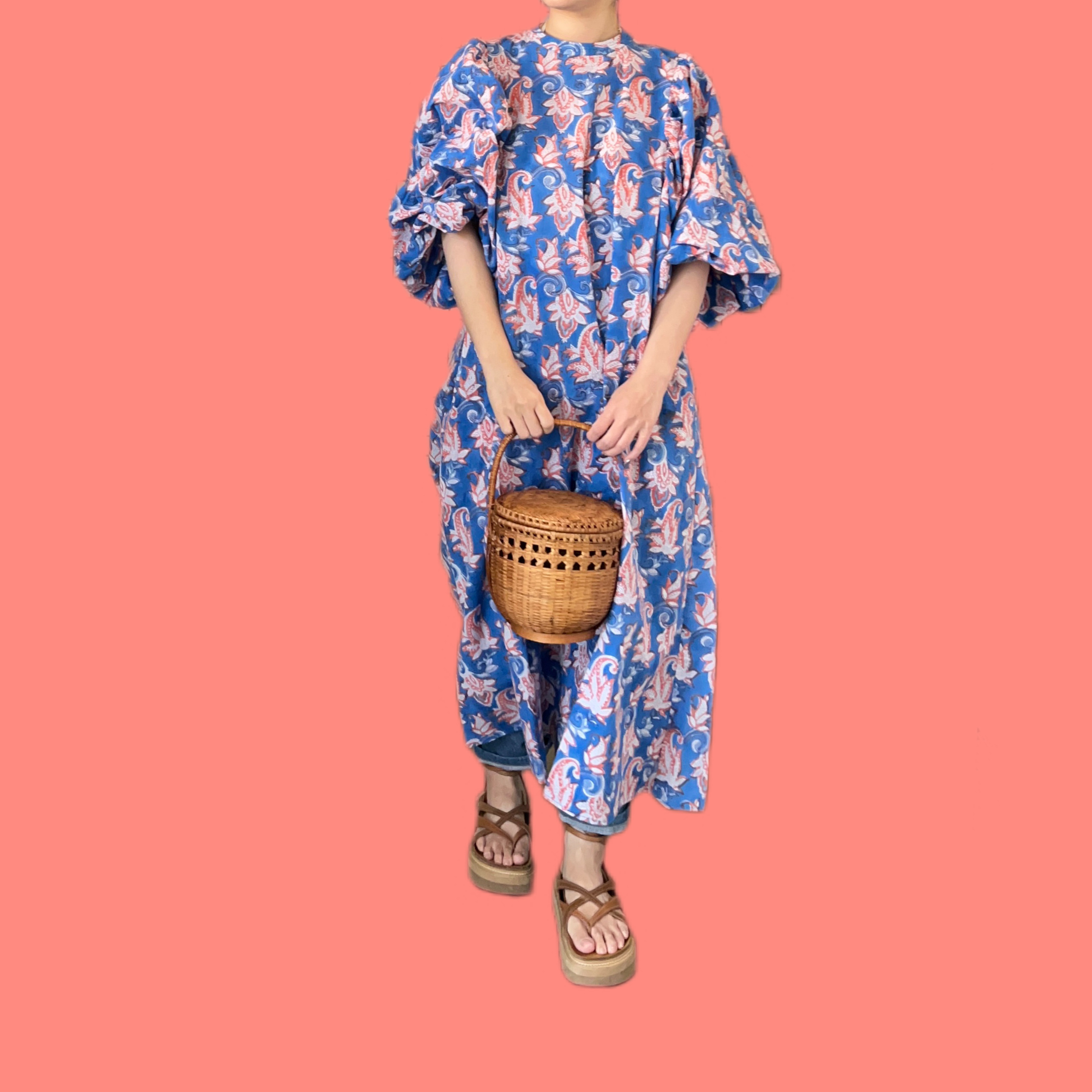 【SALE】インドブロックプリント　ボリューム袖ワンピ(マリンブルー)
