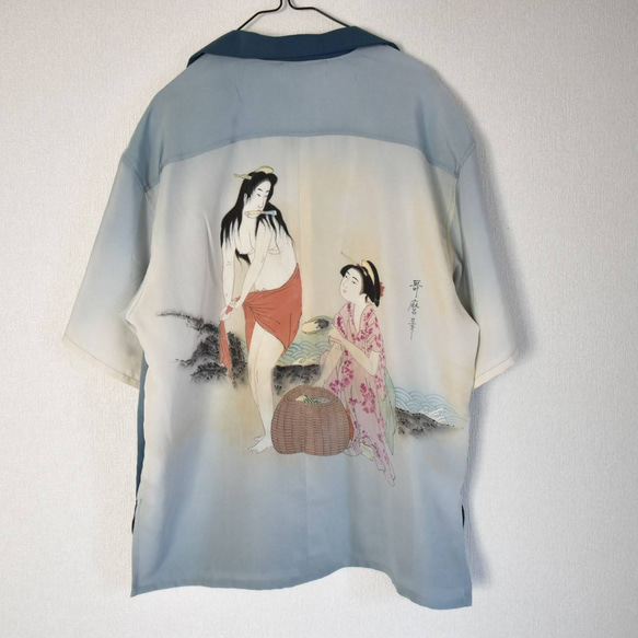 半袖 アロハシャツ オープンカラーシャツ 着物リメイク歌麿  鮑取り 春画 美人画 女性 4枚目の画像