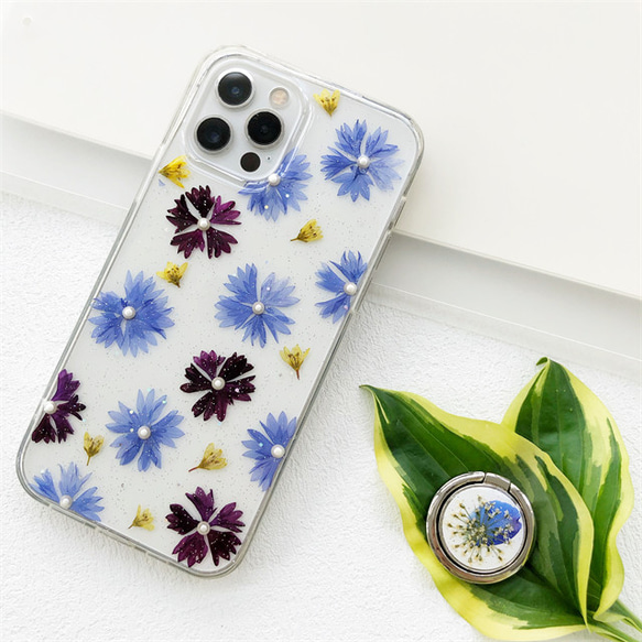 押し花スマホケース 矢車草 イニシャル入れ iPhoneケース パール  