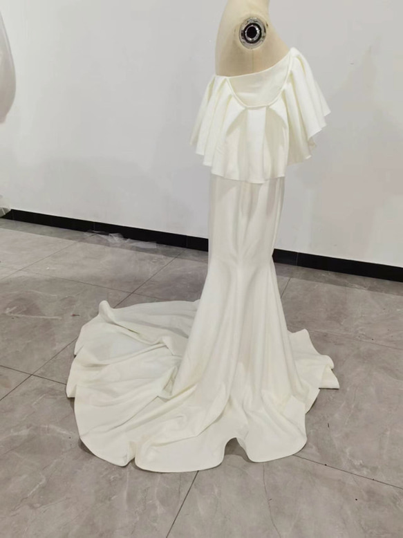 ソフトマーメイド ホワイト ウエディングドレス オフショルダー ロングトレーン  2次会 前撮り 花嫁 挙式 3枚目の画像