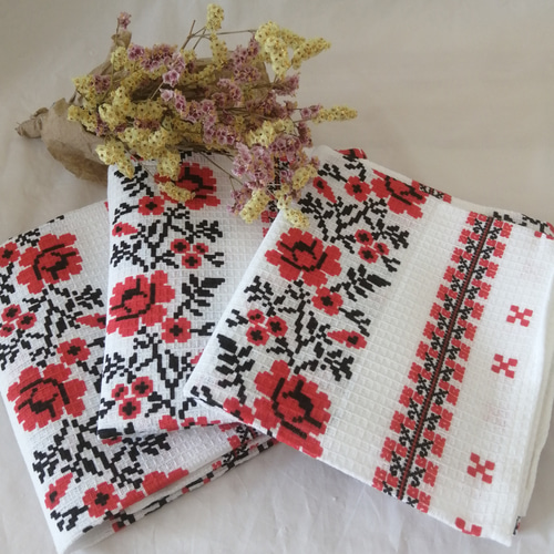 東欧の花咲くマルチクロス コットンワッフルタオル ウクライナ伝統