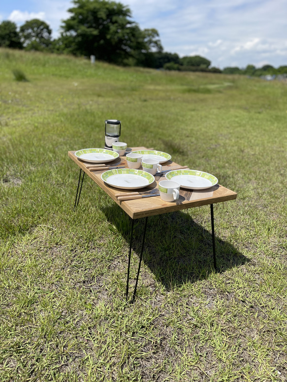 アンティーク調 桧無垢 ヘリンボーン柄 ローテーブル キャンプテーブル 7枚目の画像