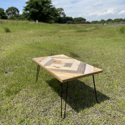 アンティーク調 桧無垢 ヘリンボーン柄 ローテーブル キャンプテーブル 5枚目の画像