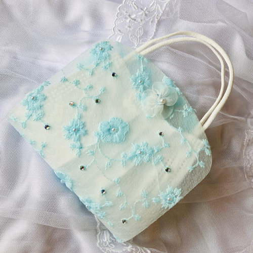 ドレスアップマスク お花レース マスクカバー スカイ・ブルー