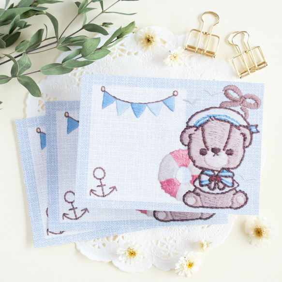 「Marine Look Bear / マリンルックベア」刺繍イラストメモ 6 ❁︎ 30枚入 / 送料無料 1枚目の画像