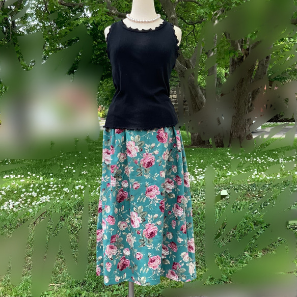 現品のみ 仕上がり品 アンティーク薔薇柄スカート グリーン RSH