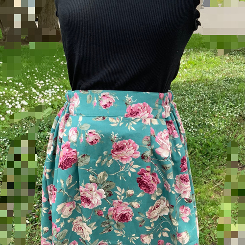 現品のみ 仕上がり品 アンティーク薔薇柄スカート グリーン RSH