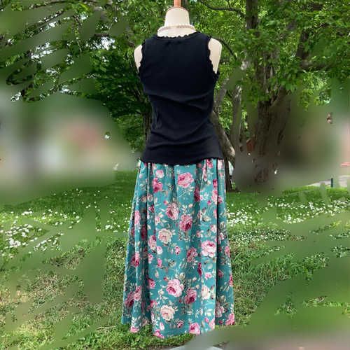 現品のみ 仕上がり品 アンティーク薔薇柄スカート グリーン RSH