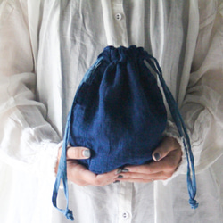 temari /リネン 藍染め 巾着 2枚目の画像