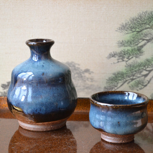 古萩 徳利 萩焼(伝統的工芸品)徳利掛分け(刷毛青＆緑釉)肩衝