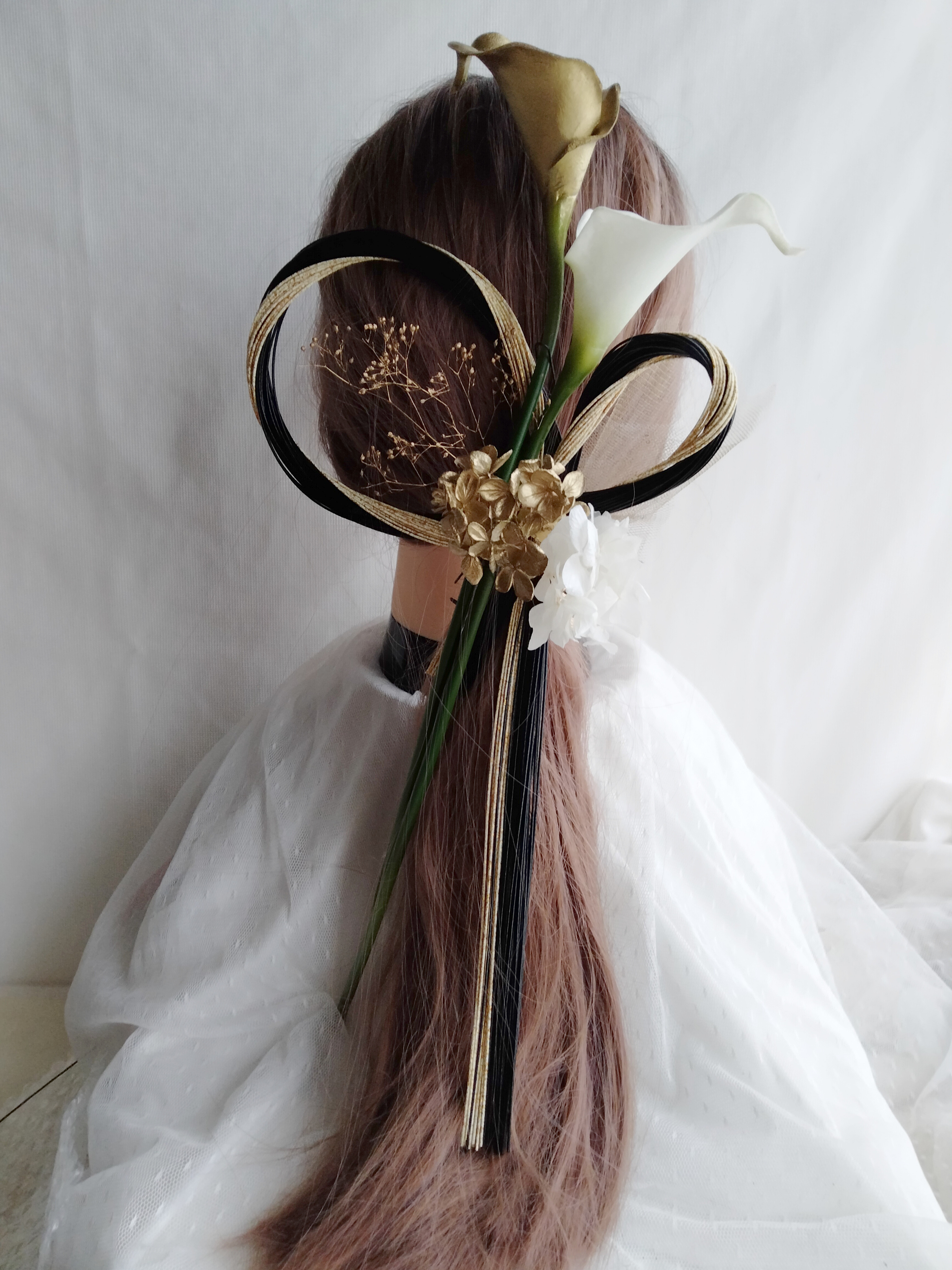 水引きリースリボン　水引きアレンジ　水引き髪飾り　成人式髪飾り　結婚式髪飾り　卒業式髪飾り　成人式　振袖　袴　カラーの花