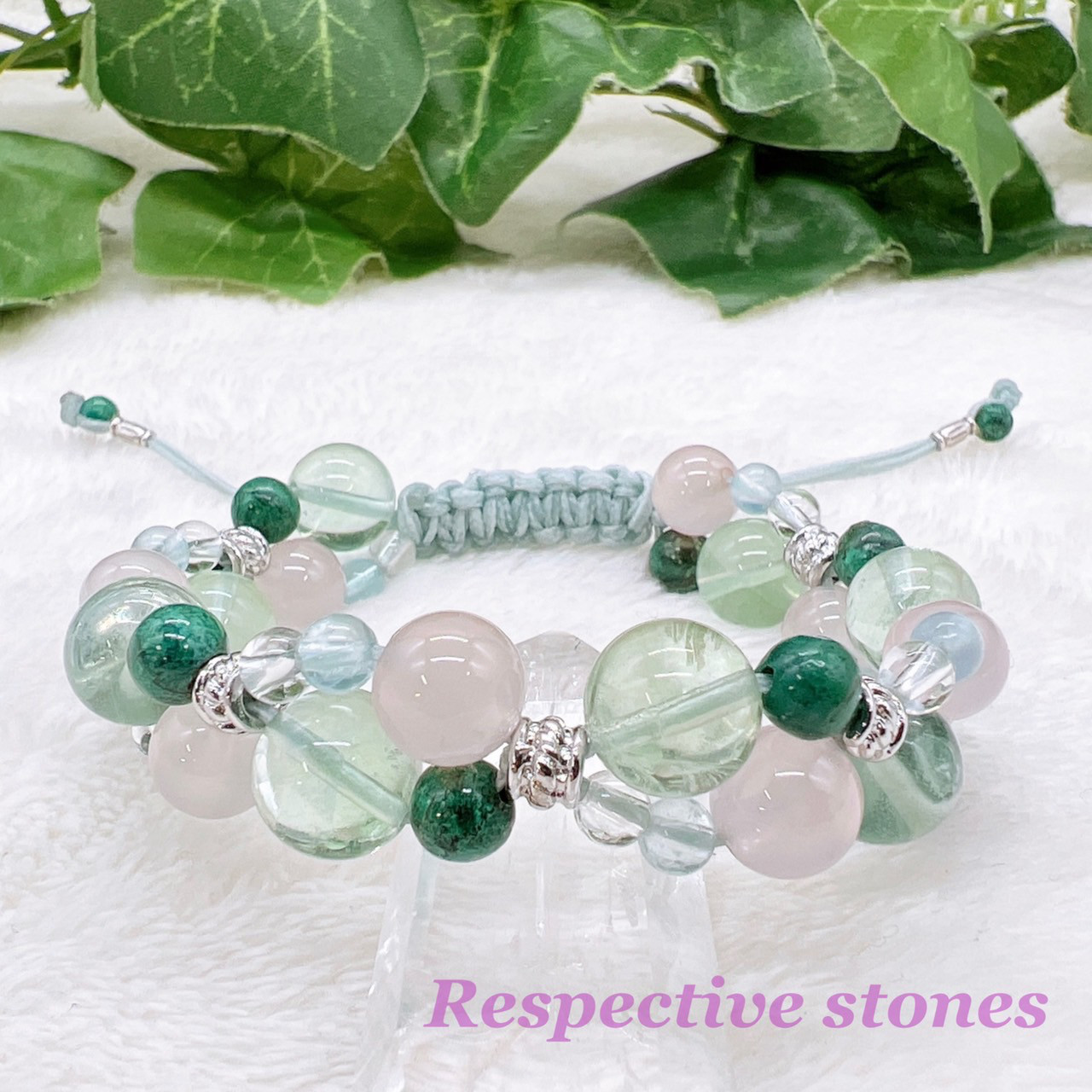 ブレスレット★ひも編みタイプ♪パステル系◆癒し・ストレス緩和(フローライト・ピンクカルセドニー他)／wam-3