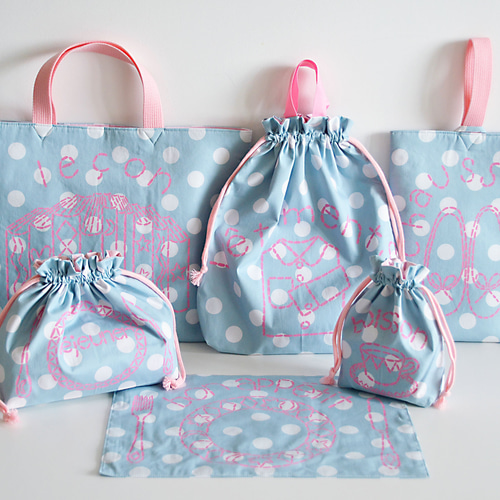 2/2 ねこまま　手刺繍　ローズ　レッスンバッグ　上履き入れ　他　ブルー レッスンバッグ シューズバッグ セット 幼稚園バッグ 上履き袋